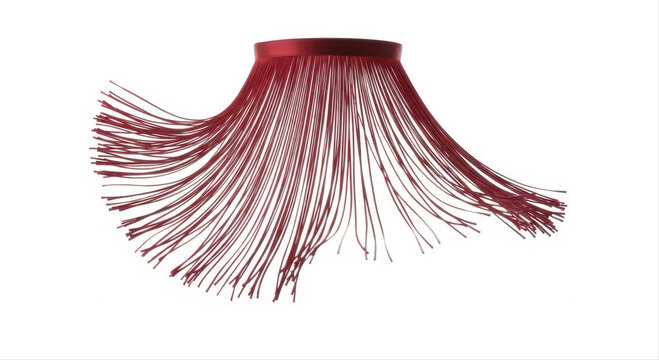 Vibrant red fringe curtain gracefully isolated against a stark white background, showcasing dynamic flowing strands and elegant movement
