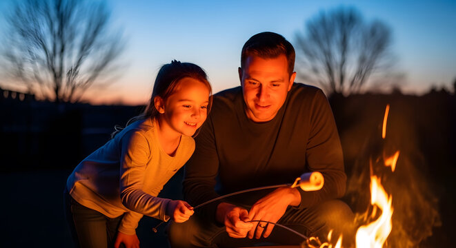 A man and his little girl sitting by a warm fire at dusk roasting a marshmallow on a stick