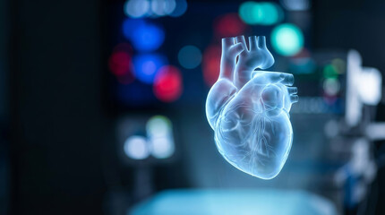 Fototapeta premium Fascinating glowing blue heart hologram showing detailed medical digital anatomy with futuristic technology inside dark hospital room for impressive scientific cardiovascular research