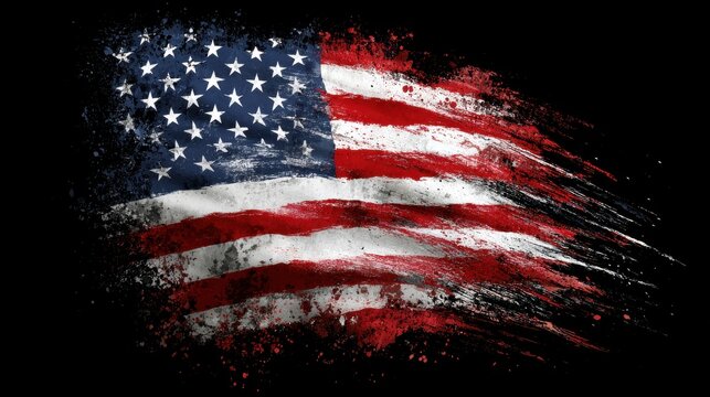 Grunge American flag waving with paint splatter effect on black background