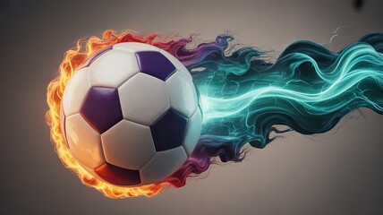 Fototapeta premium Soccer ball in motion with fire flames and glowing blue smoke trail against a grey background
