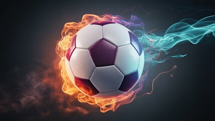 Fototapeta premium Soccer ball flying with orange flames and blue smoke on dark background