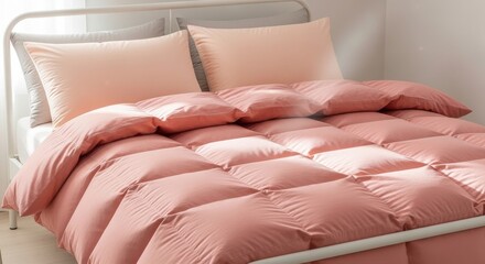 Fototapeta premium Luxurious Coral Pink Down Alternative Comforter With Quilted Stitching On A Cozy Bed