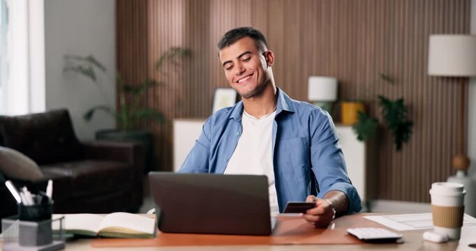 Business, man and credit card with laptop in office for ecommerce, online payment and copywriting. Male person, pc and bank information for purchase, finance security and password for submission fees