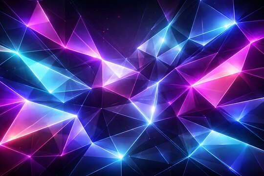 Futuristic neon crystal geometric abstract background with glowing prism triangles and vibrant blue purple digital light