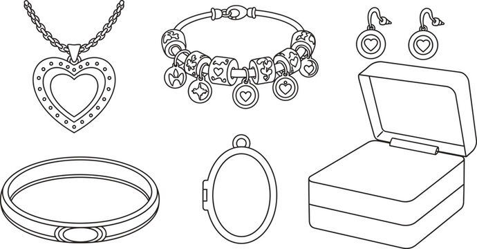 Diverse collection of outline vector jewelry pieces including a heart pendant necklace charm bracelet earrings and an open gift box perfect for fashion retail and luxury branding