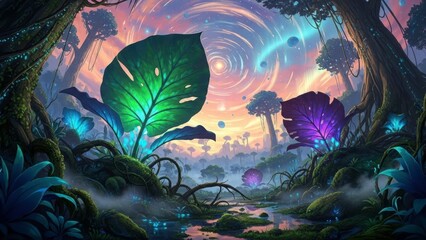 Fototapeta premium Enchanted Forest Fantasy: A surreal landscape unfolds, featuring vibrant, otherworldly plants and swirling cosmic elements, inviting viewers into a realm of magic and wonder.