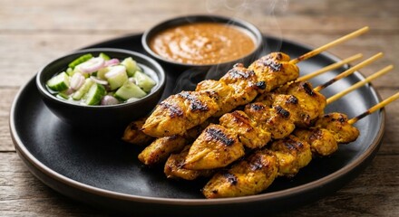 Fototapeta premium Grilled chicken satay skewers with peanut sauce and cucumber relish.