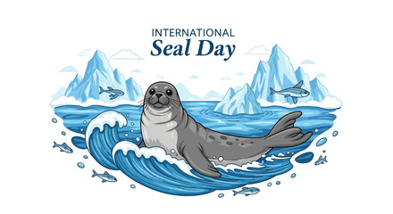 Vector illustration of a seal swimming in icy waters on International Seal Day with a conservation awareness theme. © Rizki