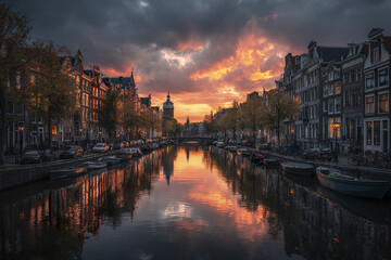 Fototapeta premium Amsterdam canal sunset with boats and reflections, historic buildings lining waterway under dramatic cloudy sky, creating peaceful and warm atmosphere