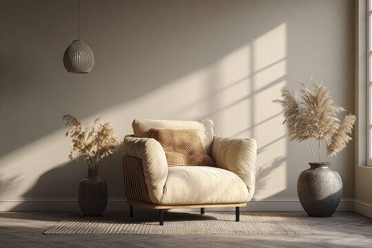 Modern beige armchair with textured cushion in cozy living room with pampas grass in ceramic vases, natural light casting shadows on neutral wall and wooden floor