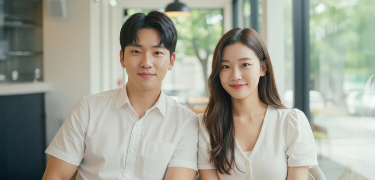 Young couple sitting together in a cafe during a sunny day in the afternoon