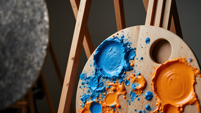 Close-up of Artist's Palette with Blue and Orange Paint