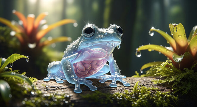 A blue frog sits on a mossy log in a lush forest revealing its internal organs