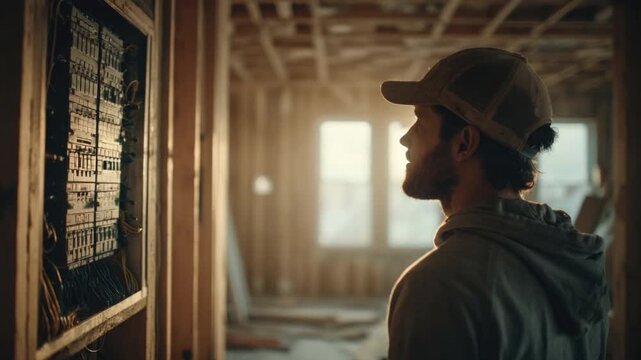 Builder Inspecting Electrical Panel: A focused individual in a work setting carefully inspects an electrical panel, with sunlight adding depth to the scene of a new structure. 