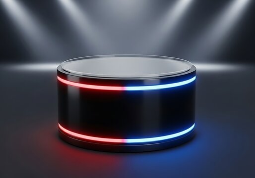 Cylindrical presentation pedestal illuminated with contrasting neon light strips highlights the display surface