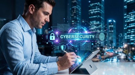 Obraz premium Cybersecurity innovations in business urban environment digital content nighttime viewpoint technology concepts for enhanced security