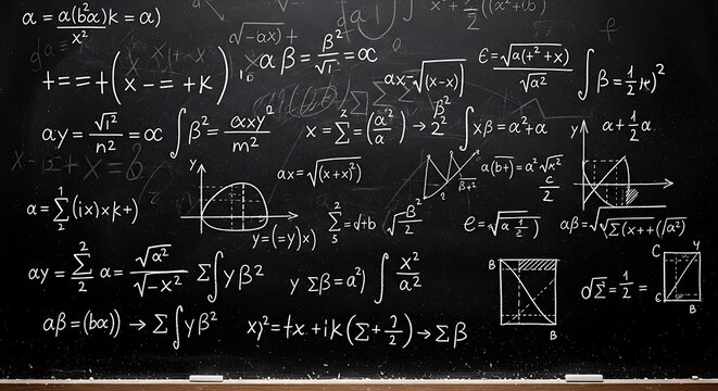 A detailed illustration of complex mathematical equations and formulas written on a blackboard in a classroom setting with a focus on geometry and algebra.