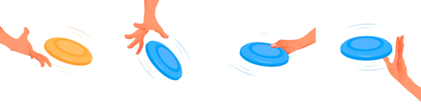Hands Catching and Throwing Flying Disc, Ultimate Frisbee Sport Action Set, Flat Vector Illustration of Outdoor Activity and Summer Fun Isolated on White