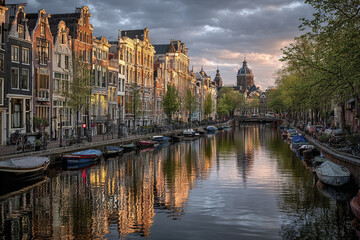 Obraz premium European canal city landscape Amsterdam Netherlands sunset reflection historic building waterway boat tree urban architecture cloudy sky peaceful atmosphere