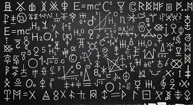 The ancient symbols and hieroglyphs are written on a blackboard in a classroom setting with a teacher explaining science and technology concepts to students.
