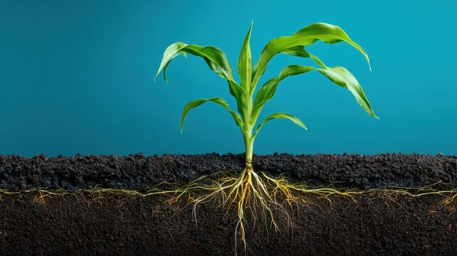 Young corn seedling growing from soil with visible root system