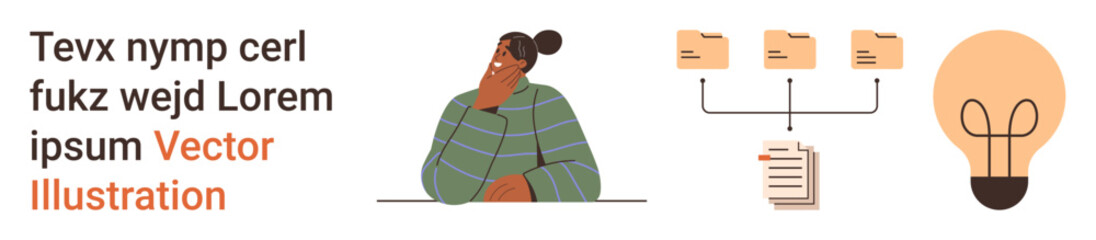 Creativity, data organization, brainstorming, digital content management, information flow, education. Woman pondering with icons of file organization and a light bulb. Creativity and data © robu_s