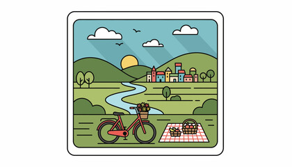 Obraz premium Scenic countryside picnic with bicycle, river, and village in flat design style