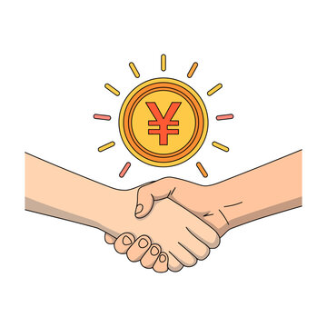 Vector of a handshake with a gold yen coin above it