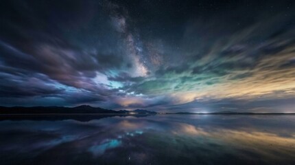 Obraz premium Milky Way galaxy reflecting over calm water with mountain under night sky