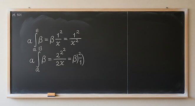 A chalkboard with complex mathematical equations written in white chalk on a classroom wall