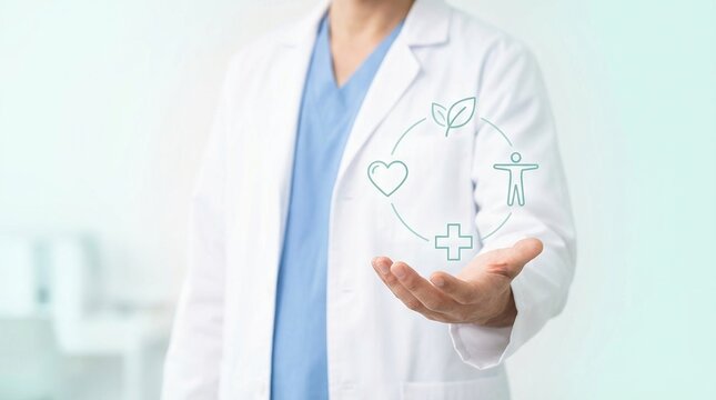 doctor, healthcare, wellness, holistic, medical, health, heart icons floating above a professional physician's hand illustrating natural medicine and integrative patient care.