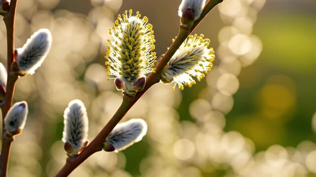 Close up of a pussy willow branch with blooming fuzzy catkins in sunlight