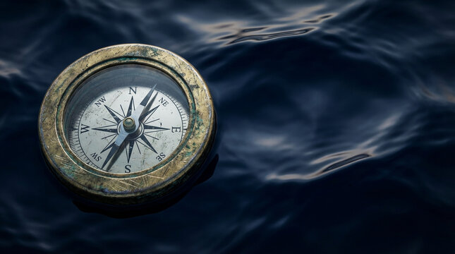 An antique brass compass floats on the dark, rippling surface of deep blue water, symbolizing guidance and exploration.