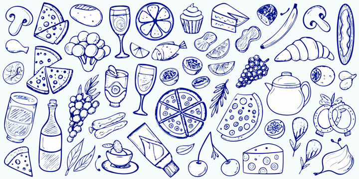 A delightful collection of hand drawn food and drink sketches in blue