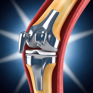 A detailed illustration of a knee replacement surgery with a metallic implant.