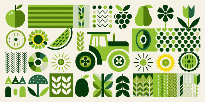 A vibrant stylized pattern of various green fruits flowers and farm elements