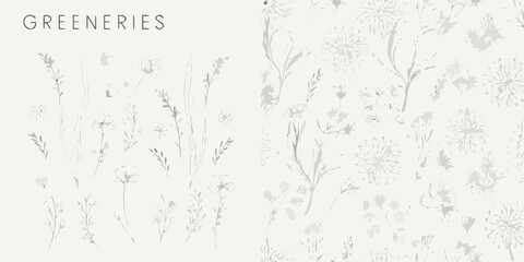 Obraz premium Delicate botanical illustration featuring sketched wildflowers and greenery