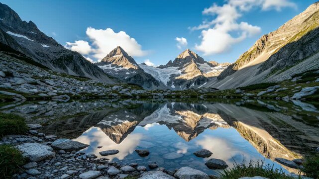 Majestic mountains reflecting perfectly in a still alpine lake