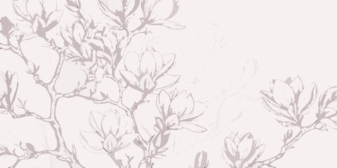 Delicate magnolia branches with blossoms in soft pink monochrome © Juel