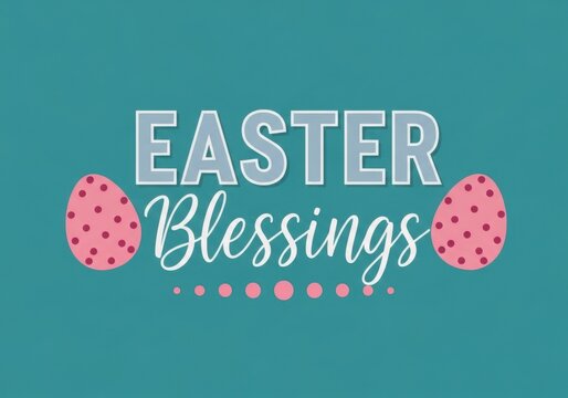 Easter blessings text with pink eggs on teal background