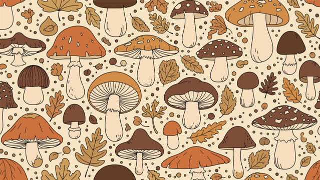 Detailed seamless pattern features a variety of edible and forest mushrooms mixed with colorful autumn oak and maple leaves.