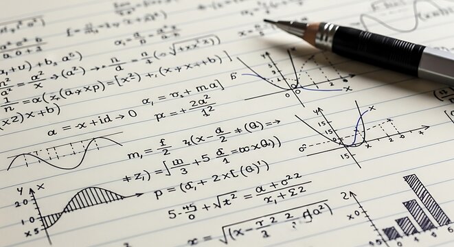 A detailed graph illustrating mathematical concepts and equations with a pen on a lined notebook paper background.