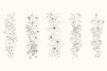 Obraz premium Delicate floral arrangements in grayscale forming vertical botanical patterns