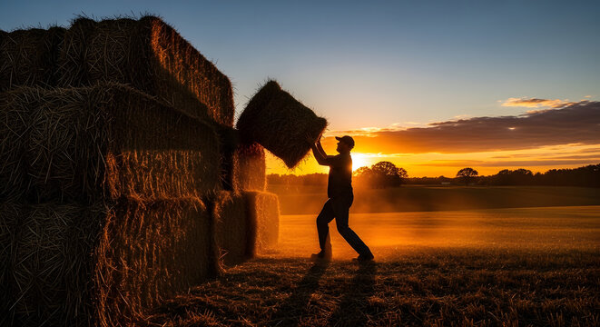 Hardworking person moving a heavy rectangular hay bale in a rural field against a dramatic orange sunset sky