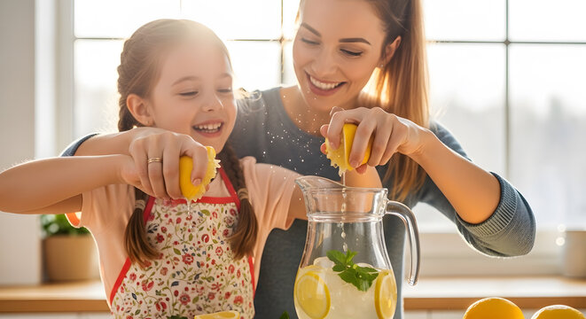Happy mother and young child standing in a sunny kitchen squeezing yellow lemons into a glass pitcher with mint