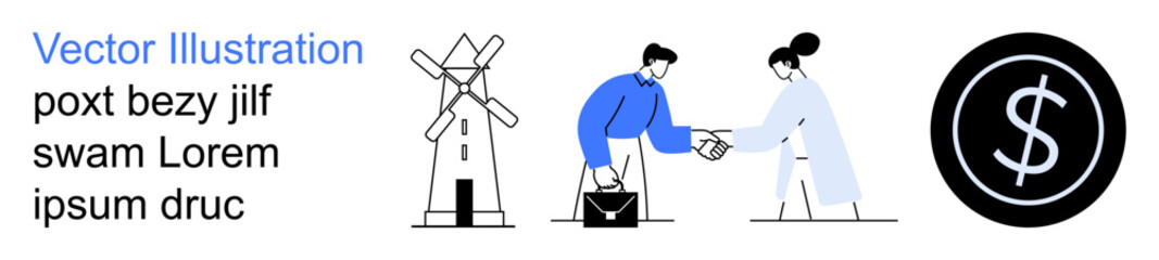 Obraz premium Business agreements, economic growth, partnership, renewable energy, currency, professional collaboration. Two people shaking hands beside a windmill and dollar icon. Business agreements and economic
