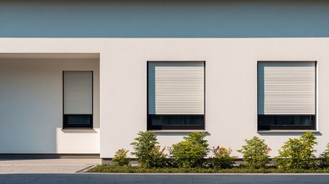 Modern house exterior with minimalist white walls and roller shutter windows