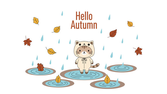 Adorable hello autumn illustration with a cute cat in a raincoat standing in puddles among falling colorful fall leaves.