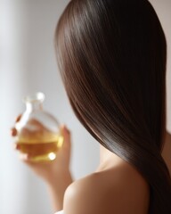 Fototapeta premium Young woman applying oil onto hair at home, beauty treatment concept